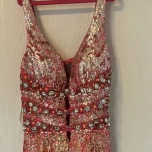 Sherri Hill 4 Pink Silk Prom Sequin Bling Cocktail Dress Gold Jeweled